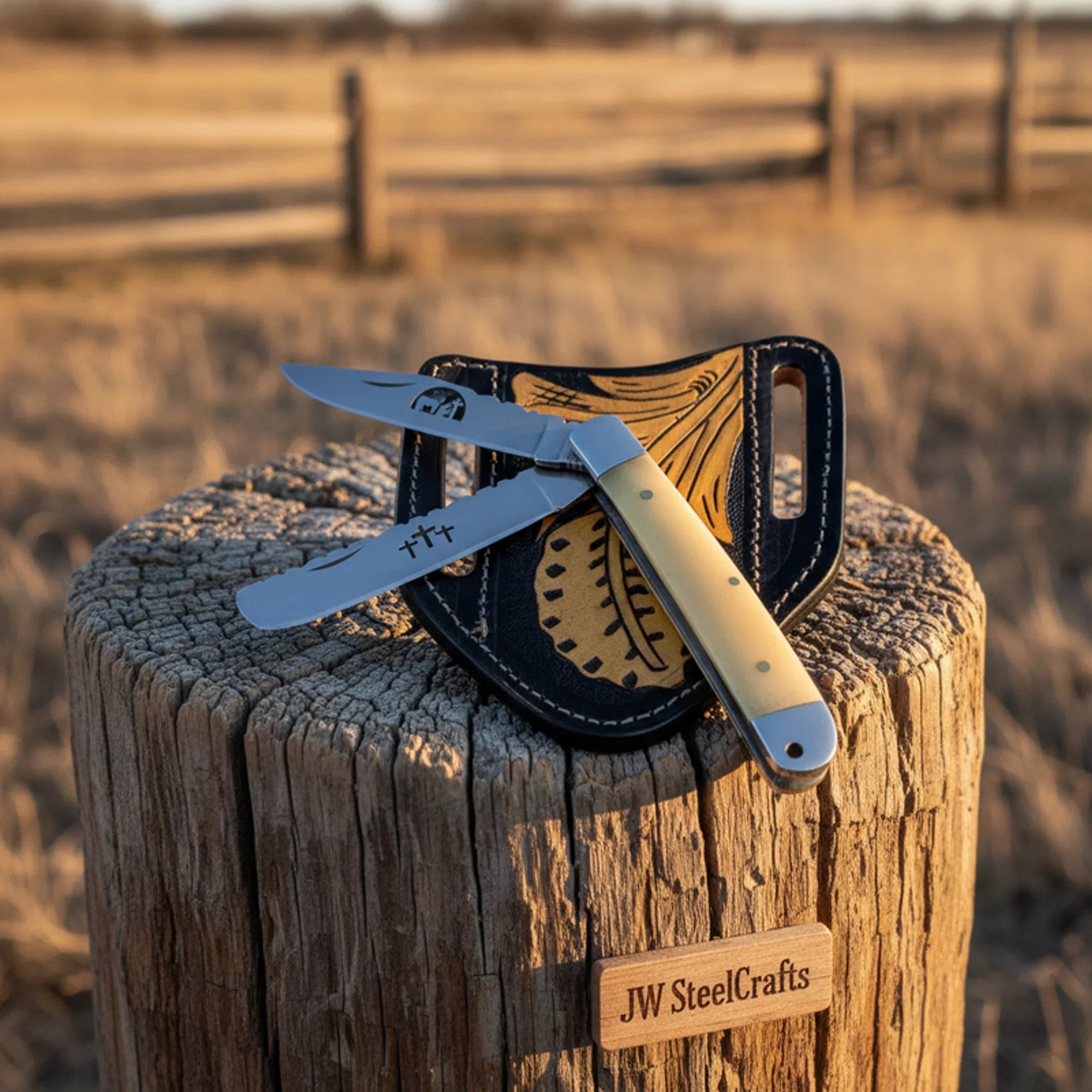 Damascus Steel Trapper Folding Knife 2 Blade Camel Bone Handle Christian Cross Engraved