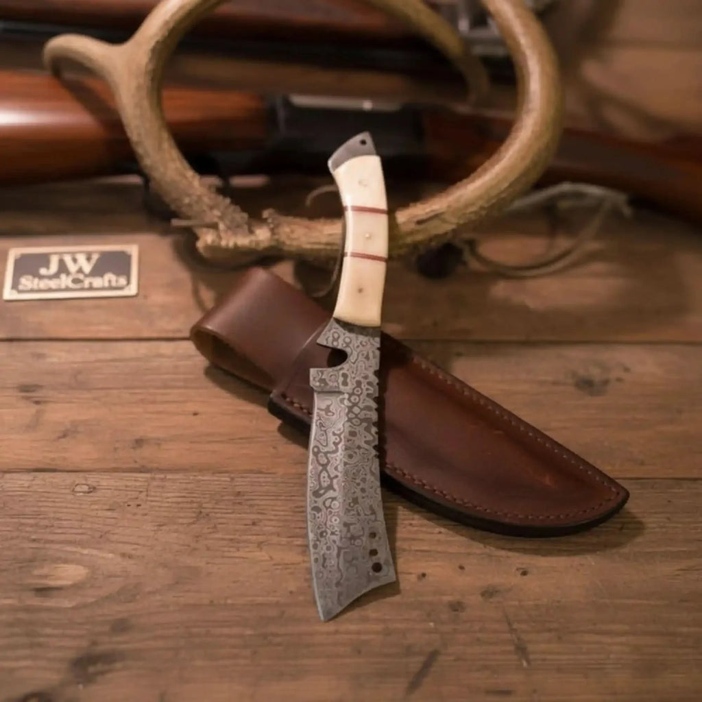 Damascus Tanto Trailing Point Hunting Knife Bone Handle 12 Inch Handmade Leather Sheath