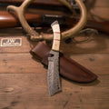 Damascus Tanto Trailing Point Hunting Knife Bone Handle 12 Inch Handmade Leather Sheath