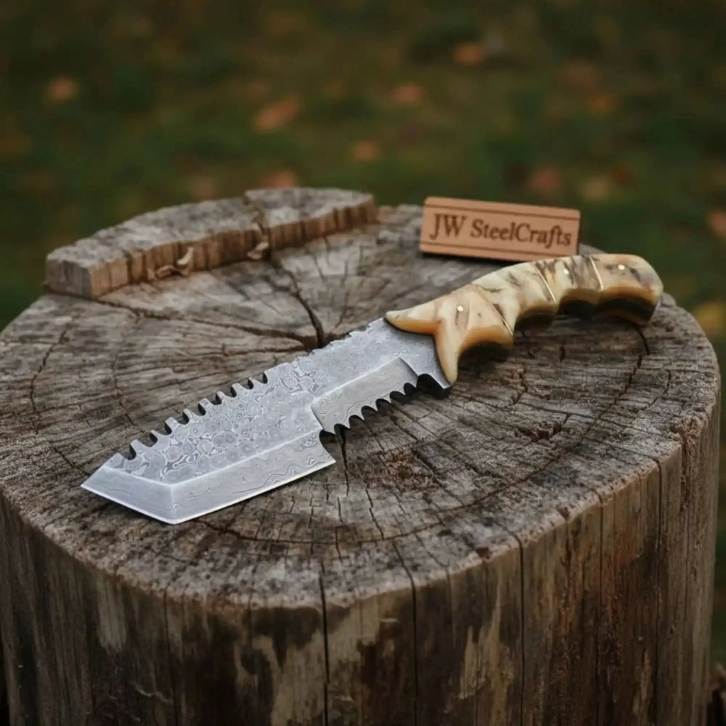 Damascus Tom Brown Tracker Knife with Ram Horn Handle - Full Tang