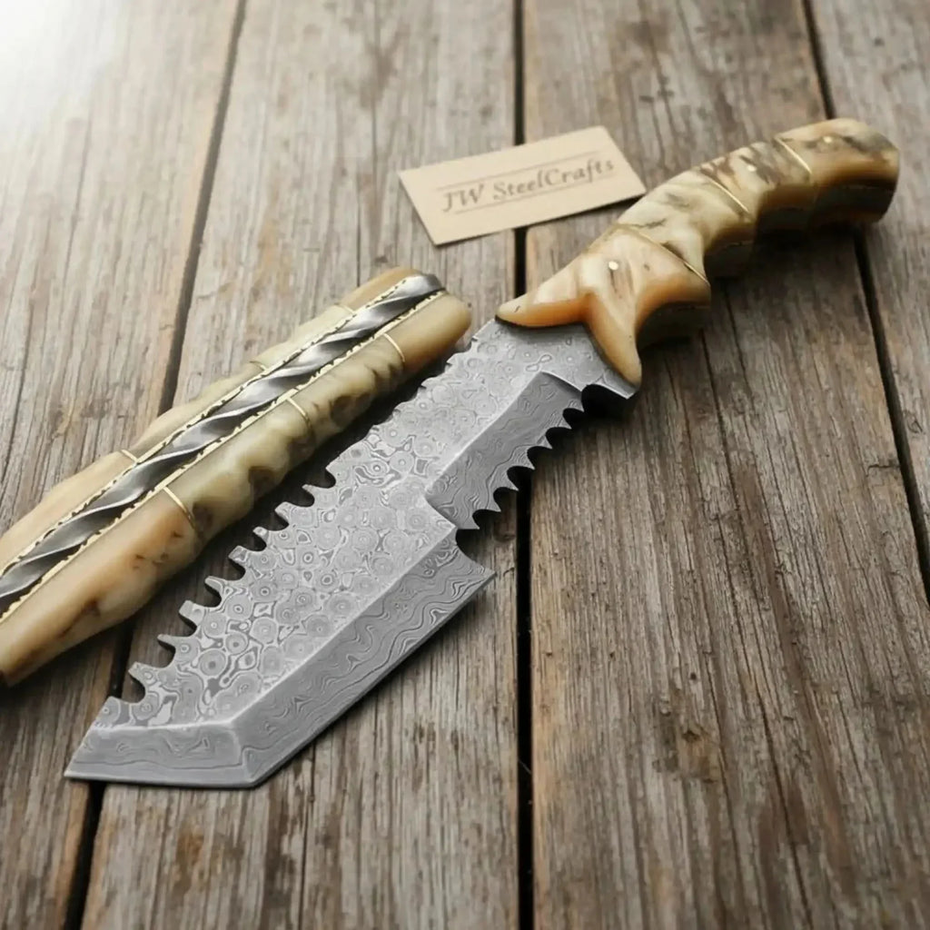 Damascus Tom Brown Tracker Knife with Ram Horn Handle - Full Tang