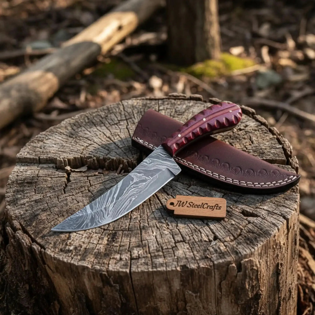 Damascus Trailing Point Skinner Knife with Red Wood Handle – 9 Inch Overall