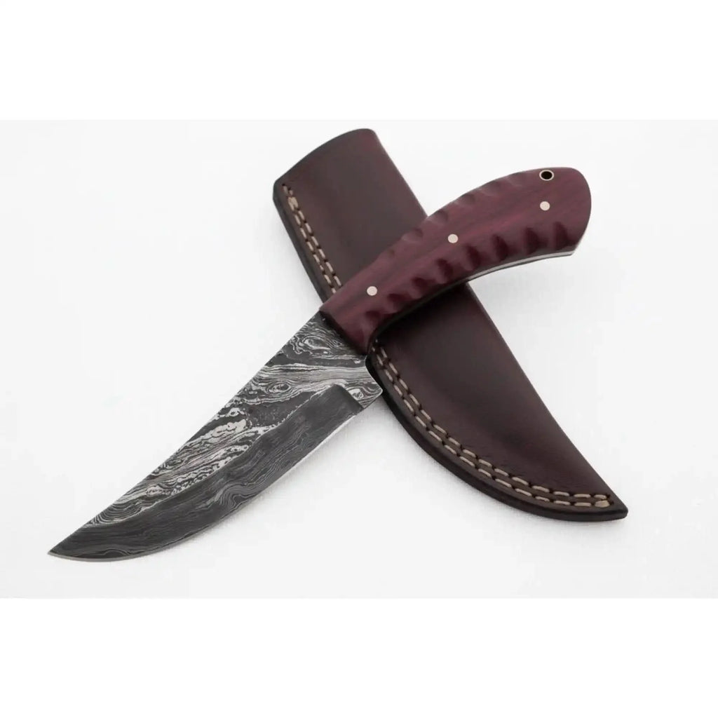 Damascus Trailing Point Skinner Knife with Red Wood Handle – 9 Inch Overall