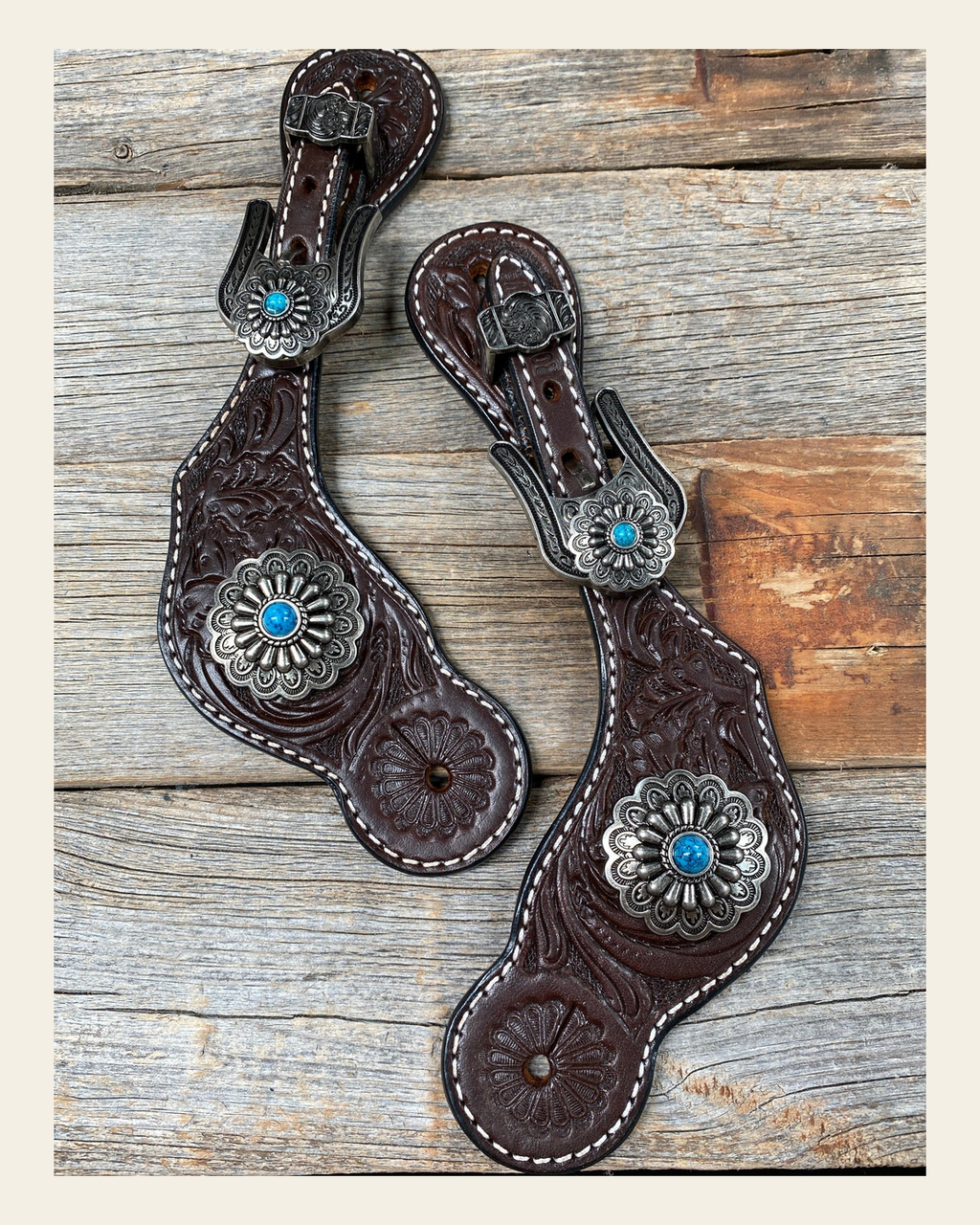 Dark Floral Spur Straps - Antique Silver Western Conchos #SS111 on a warm cream background