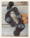 Dark Floral Spur Straps - Antique Silver Western Conchos #SS111 on a warm cream background