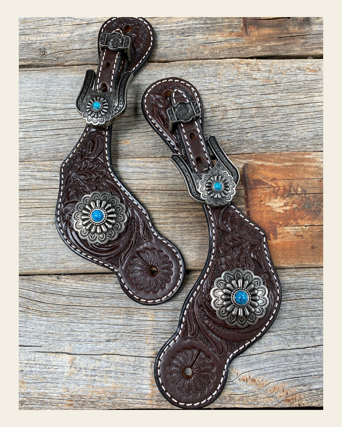 Dark Floral Spur Straps - Antique Silver Western Conchos #SS111 on a warm cream background