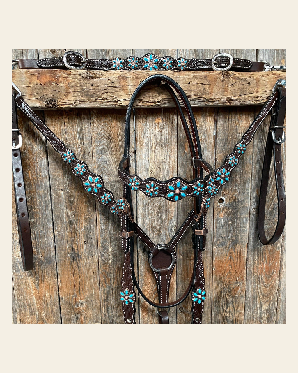 Dark Floral Turquoise Browband/One Ear Tack Set with Wither Strap #BBBC465 on a warm cream background