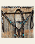 Dark Floral Turquoise Browband/One Ear Tack Set with Wither Strap #BBBC465 on a warm cream background
