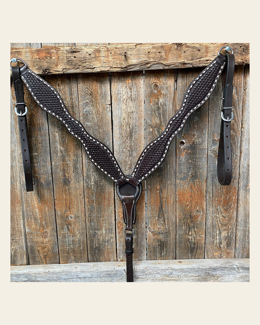 Dark Oil Basketweave Buckstitch Breastcollar on a warm cream background