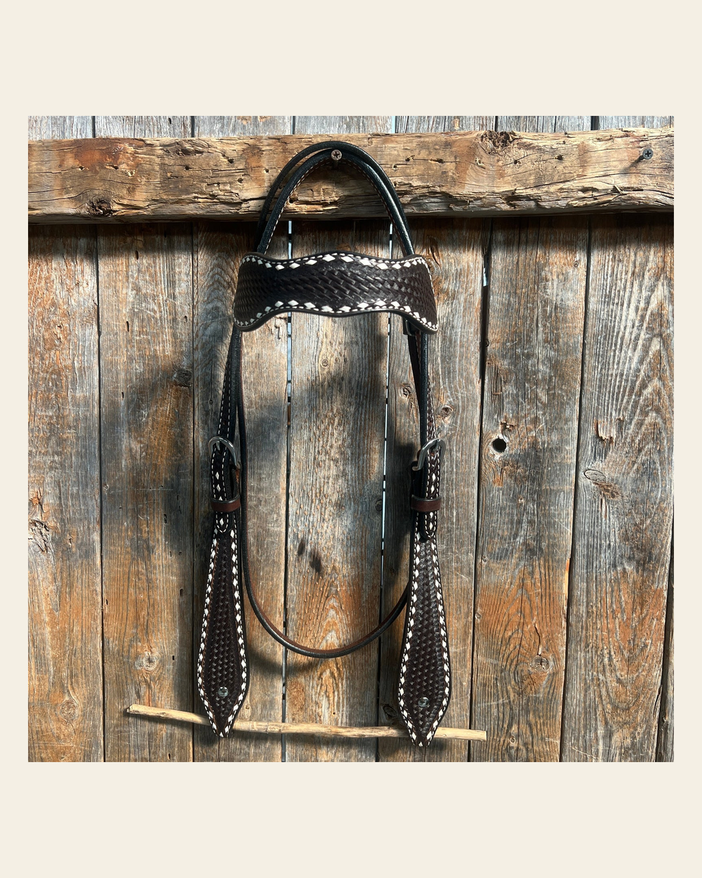 Dark Oil Basketweave Buckstitch Tooled Browband Headstall / Bridle on a warm cream background
