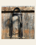 Dark Oil Basketweave Buckstitch Tooled Browband Headstall / Bridle on a warm cream background