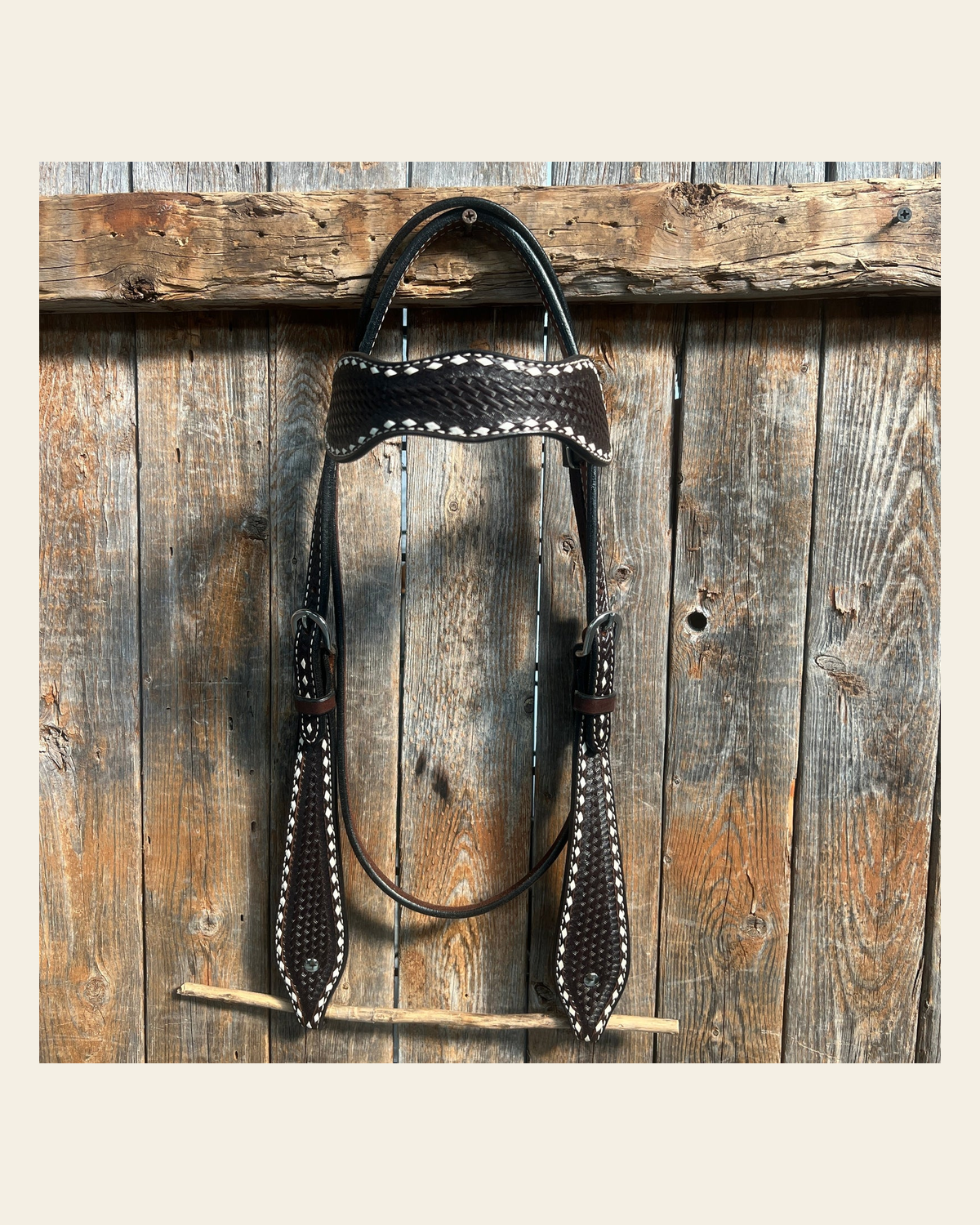 Dark Oil Basketweave Buckstitch Tooled Browband Headstall / Bridle on a warm cream background