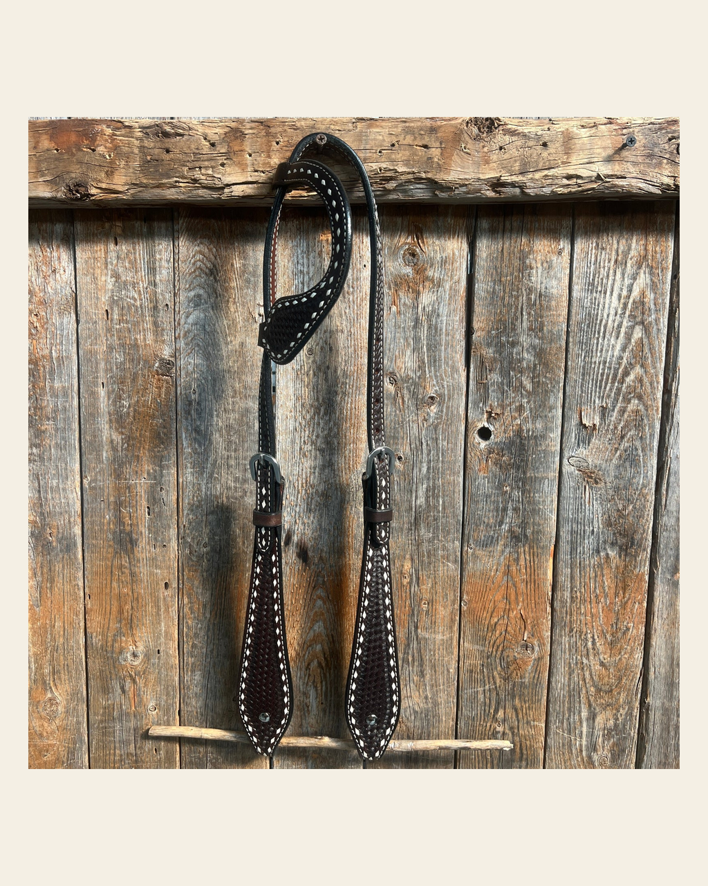 Dark Oil Basketweave Buckstitch Tooled One Ear Headstall / Bridle on a warm cream background