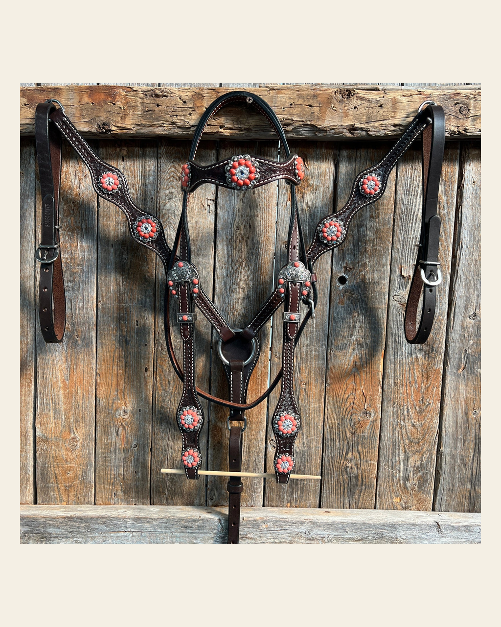 Dark Oil Basketweave Coral - Clear Browband/One Ear Tack Set #BBBC606 on a warm cream background