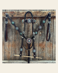 Dark Oil Basketweave Fuchsia, Clear, Emerald Browband/One Ear Tack Set #BBBC673 on a warm cream background