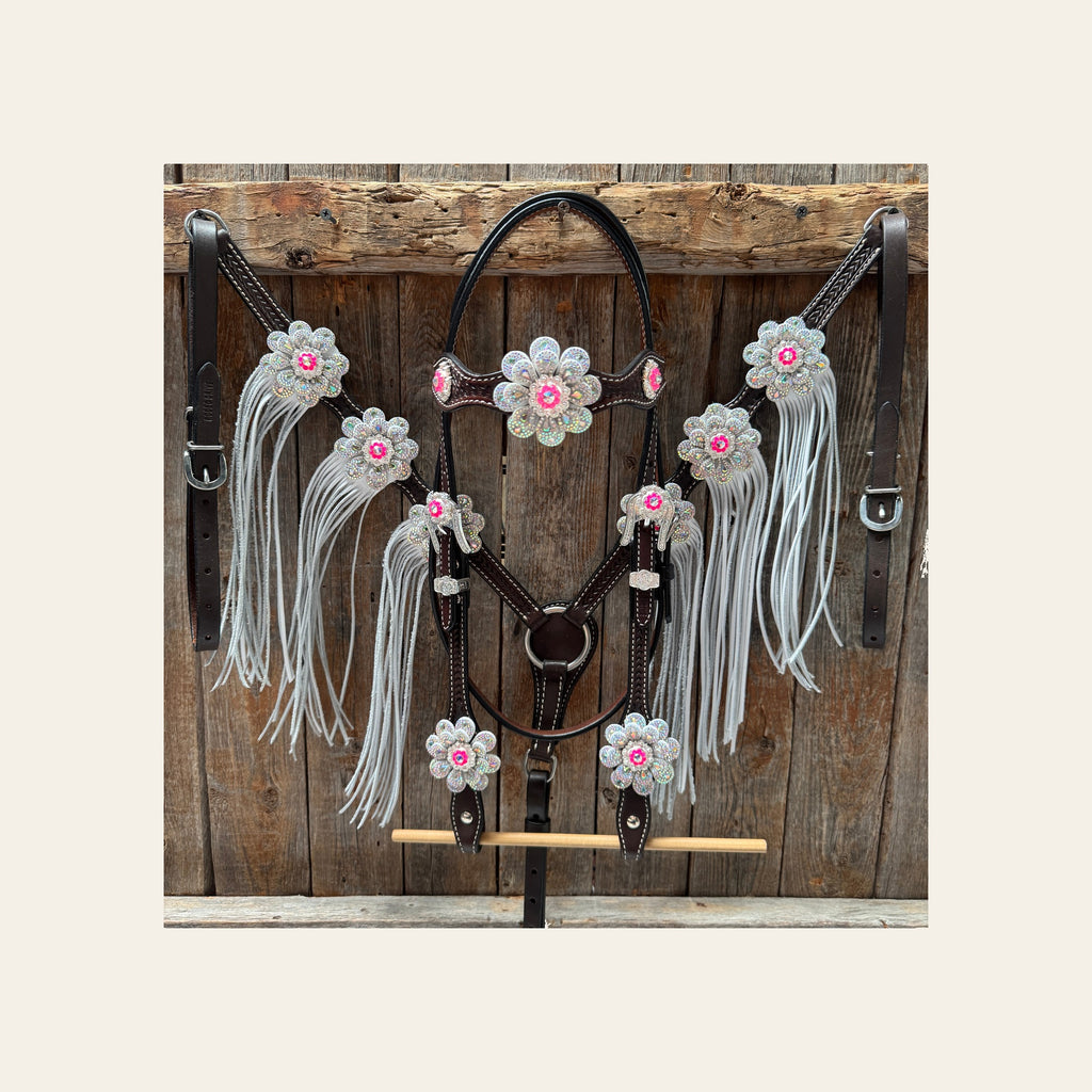 Dark Oil Basketweave Hot Pink Flower Browband | One Ear Tack Set #BBBC531
