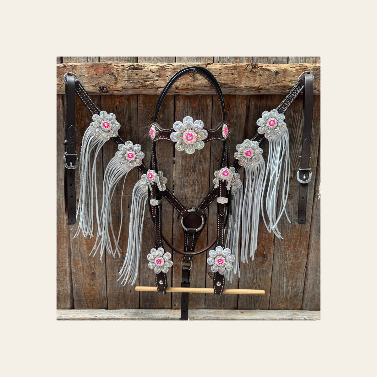 Dark Oil Basketweave Hot Pink Flower Browband | One Ear Tack Set #BBBC531