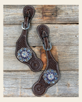 Dark Oil Basketweave Spur Straps - Antique Silver Crystal Conchos #SS103 on a warm cream background