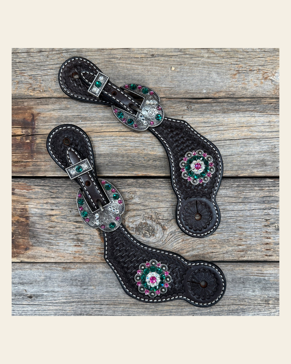 Dark Oil Basketweave Spur Straps - Antique Silver Crystal Conchos #SS142 on a warm cream background