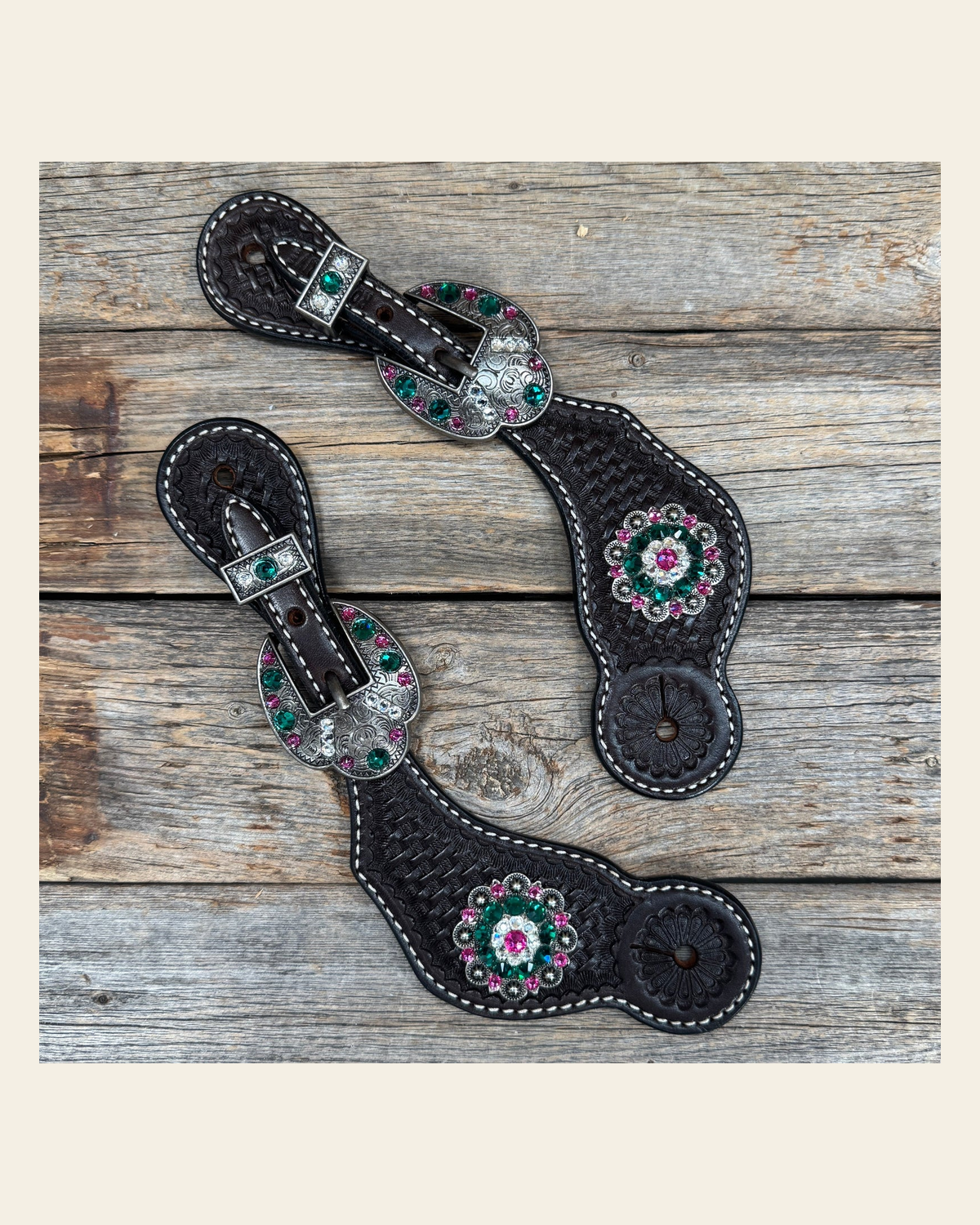 Dark Oil Basketweave Spur Straps - Antique Silver Crystal Conchos #SS142 on a warm cream background
