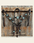 Dark Oil Basketweave Turquoise and Clear Browband Tack Set #BBBC530 on a warm cream background
