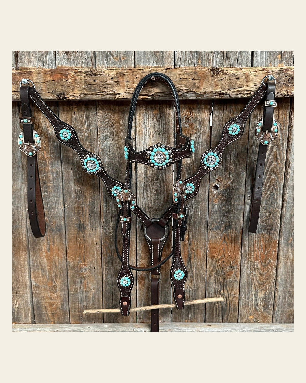 Dark Oil Basketweave Turquoise and Clear Browband Tack Set #BBBC530 on a warm cream background