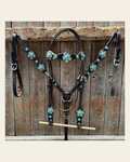 Dark Oil Basketweave Turquoise Flower Browband | One Ear Tack Set #BBBC510 on a warm cream background