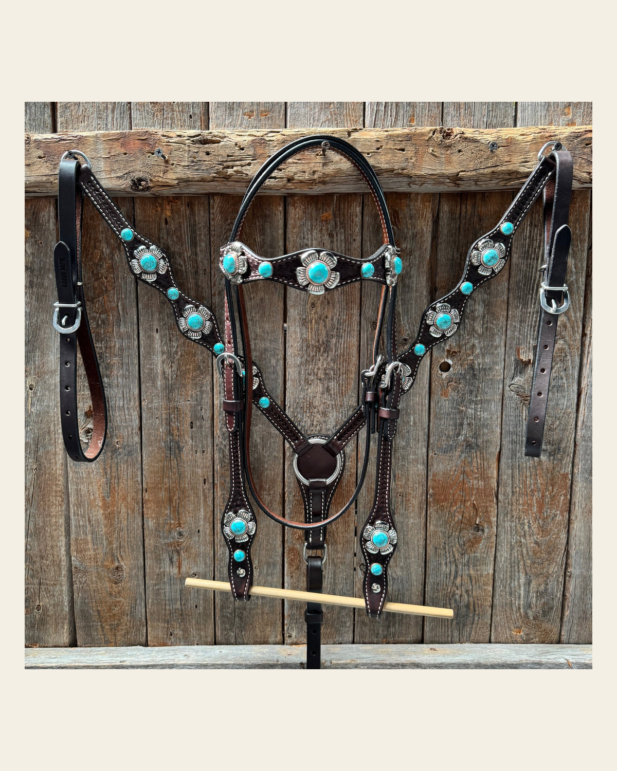 Dark Oil Basketweave Turquoise Flower Browband | One Ear Tack Set #BBBC510 on a warm cream background