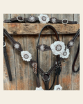 Dark Oil Basketweave White Browband/One Ear Tack Set with Witherstrap #BBBC453 on a warm cream background