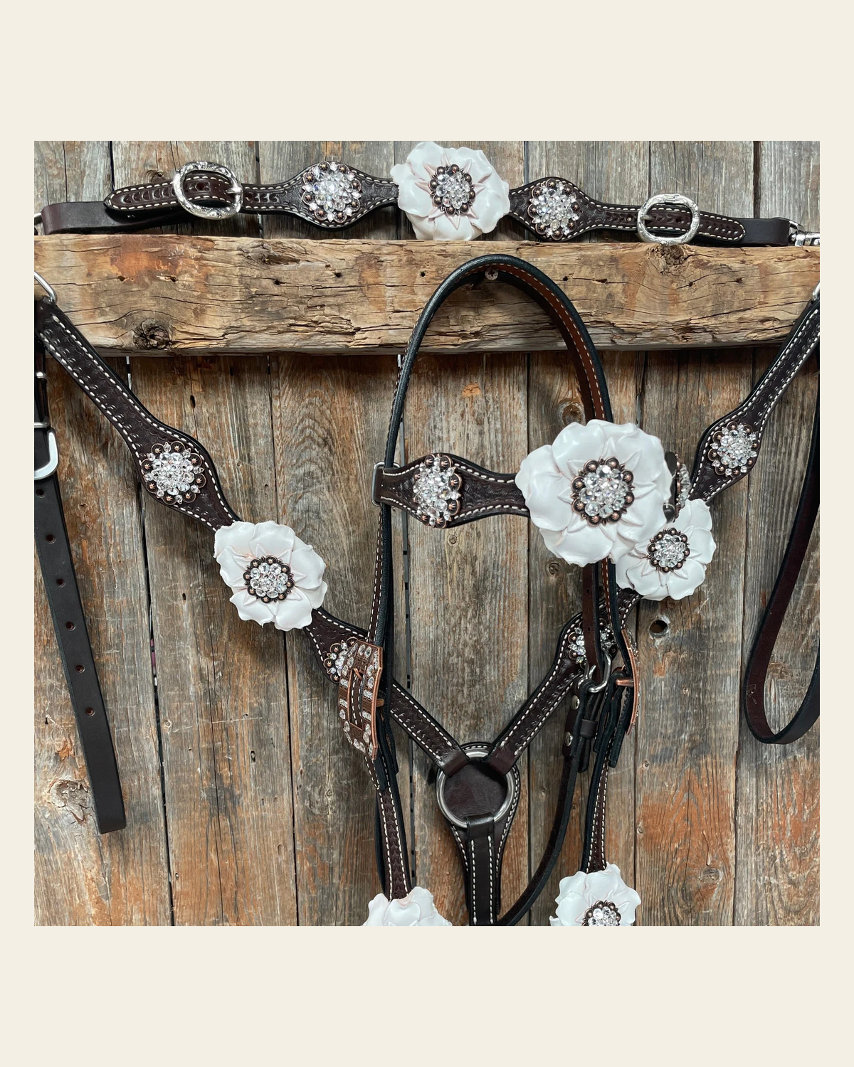 Dark Oil Basketweave White Browband/One Ear Tack Set with Witherstrap #BBBC453 on a warm cream background
