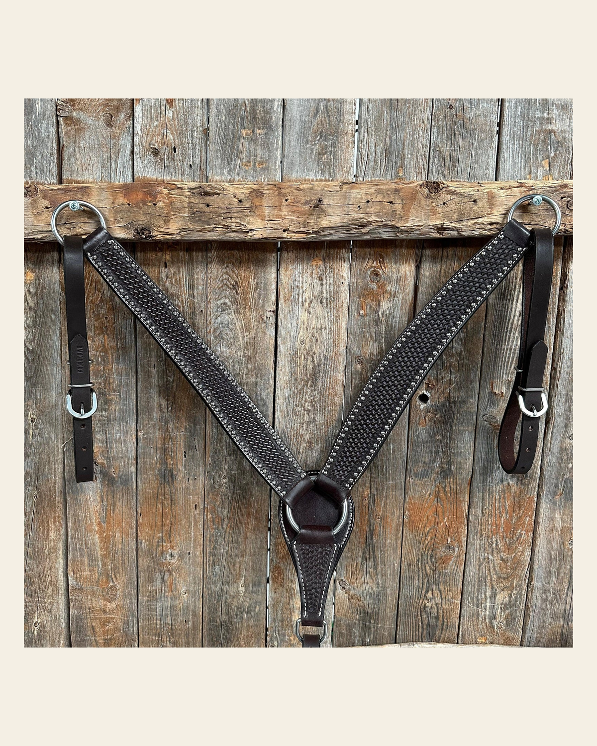 Dark Oil Basketweave Silver Dot Breastcollar on a warm cream background
