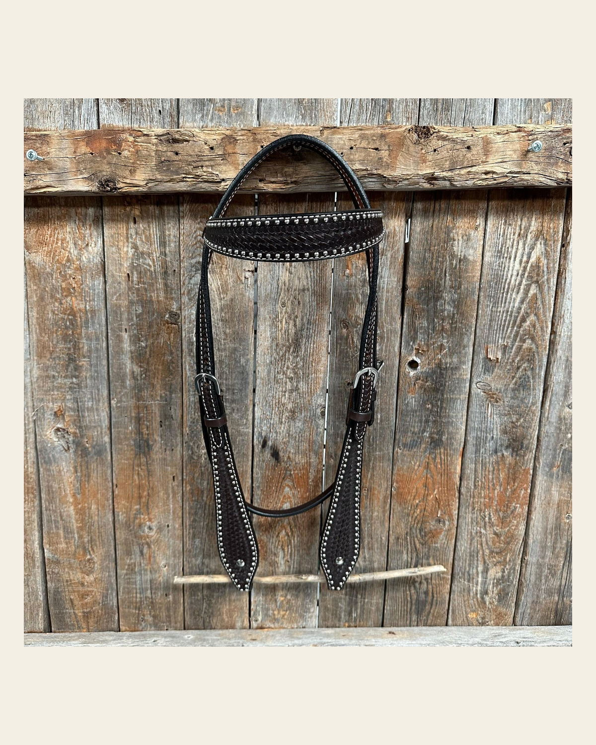 Dark Oil Basketweave with Silver Dots Browband Headstall / Bridle on a warm cream background
