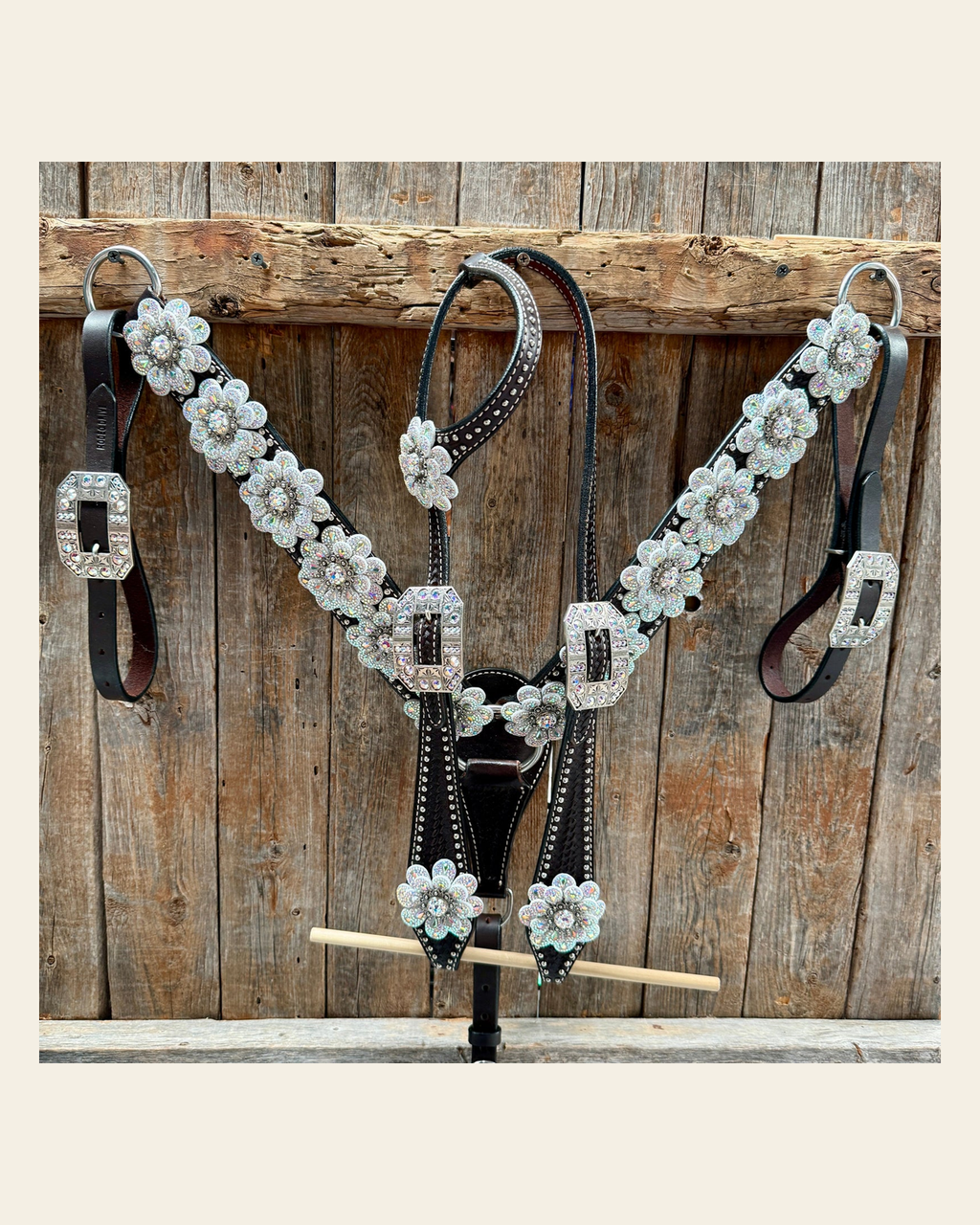 Dark Oil Basketweave with Silver Dots Rhinestone Flower One Ear Tack Set #OEBC483 on a warm cream background