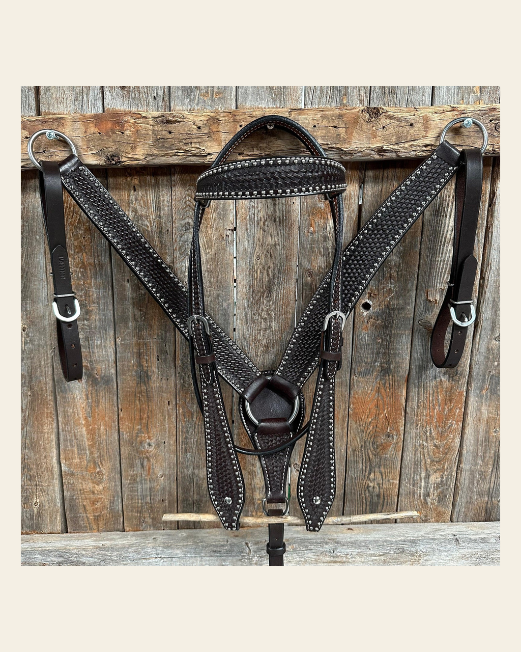 Dark Oil Basketweave with Silver Dots Tack Sets on a warm cream background