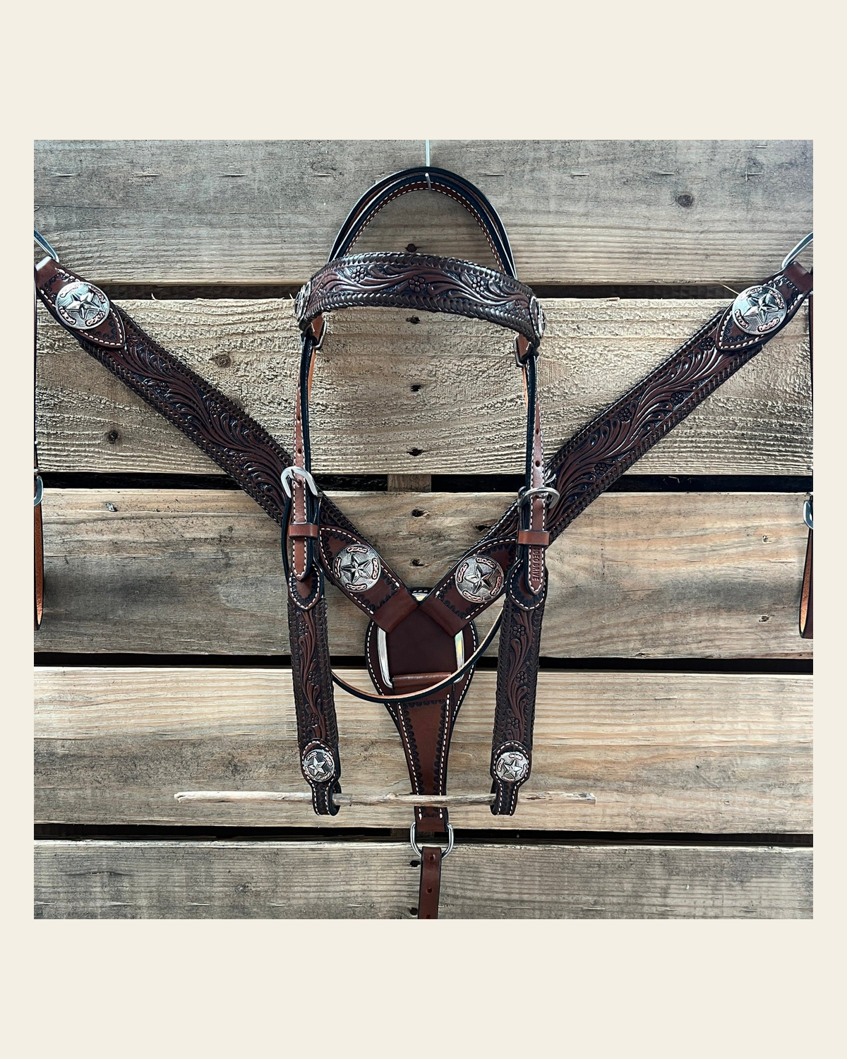 Dark Oil Braid Texas Star Browband Tack Set #BBBC627 on a warm cream background