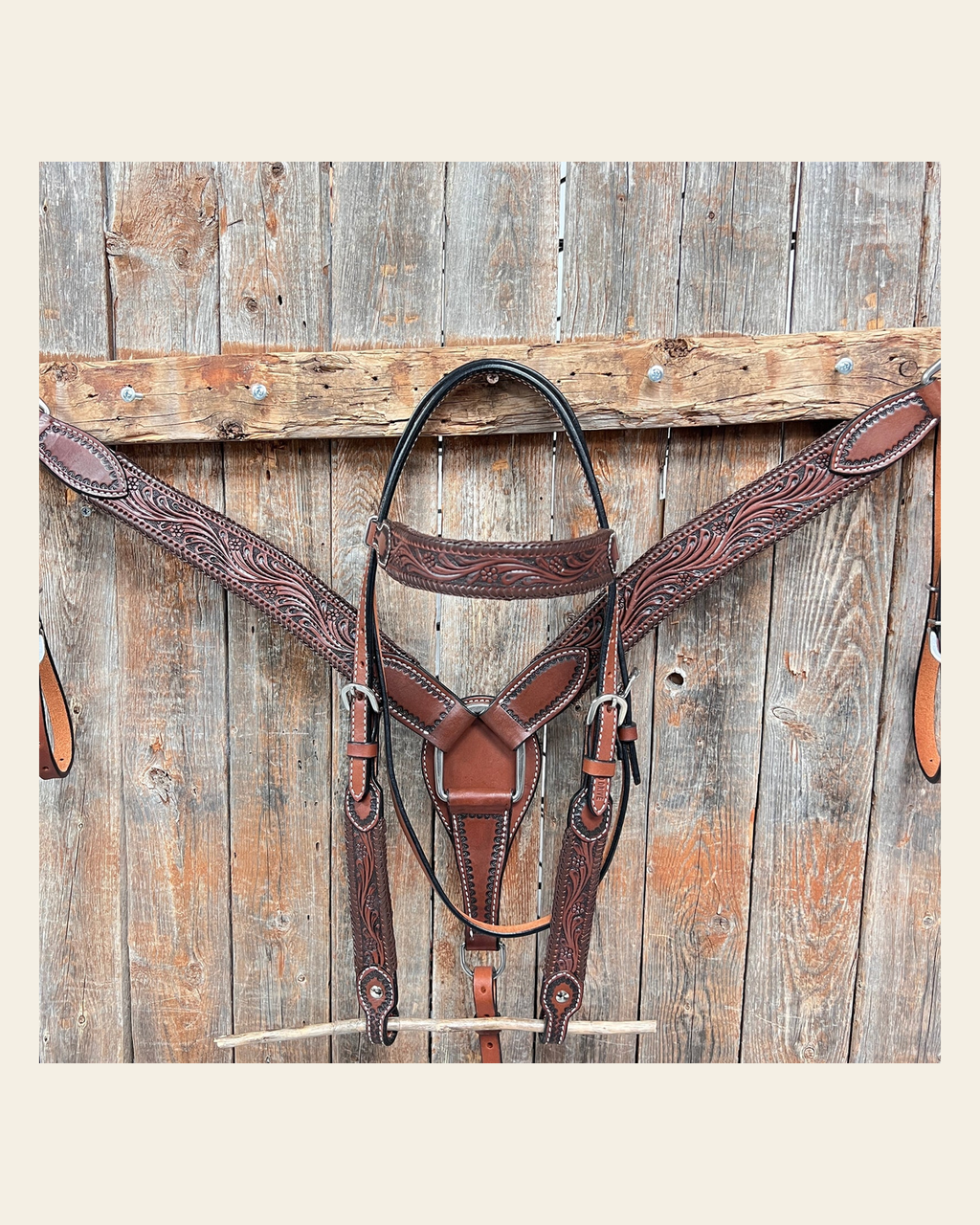 Dark Oil Braided Browband/One Ear Breastcollar Tack Sets on a warm cream background