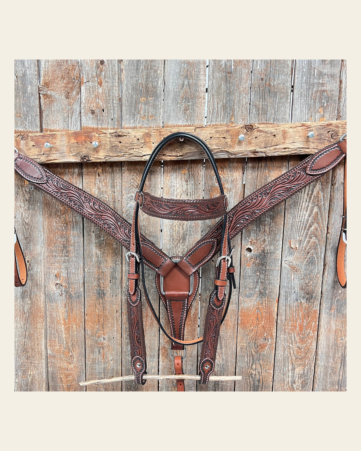 Dark Oil Braided Browband/One Ear Breastcollar Tack Sets on a warm cream background