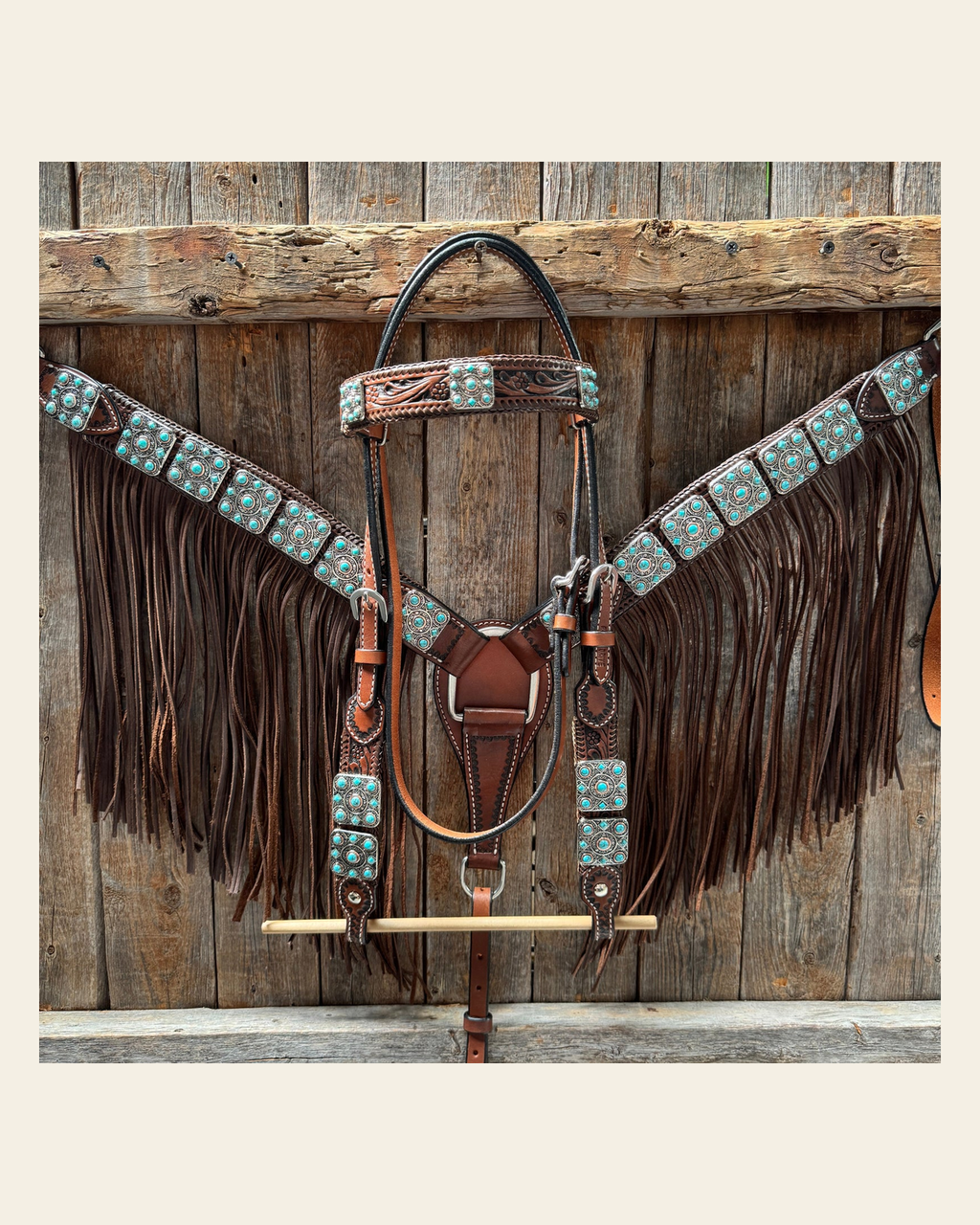 Medium Oil Braided Square Turquoise Browband | One Ear - Breast Collar Tack Set #BBBC503 on a warm cream background