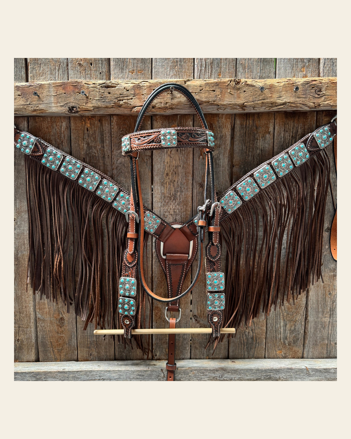Medium Oil Braided Square Turquoise Browband | One Ear - Breast Collar Tack Set #BBBC503 on a warm cream background