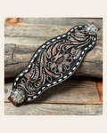 Dark Oil Buckstitch Bronc Noseband With Antique Silver Conchos on a warm cream background