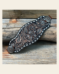 Dark Oil Buckstitch Bronc Noseband With Flowers and Loops Conchos on a warm cream background