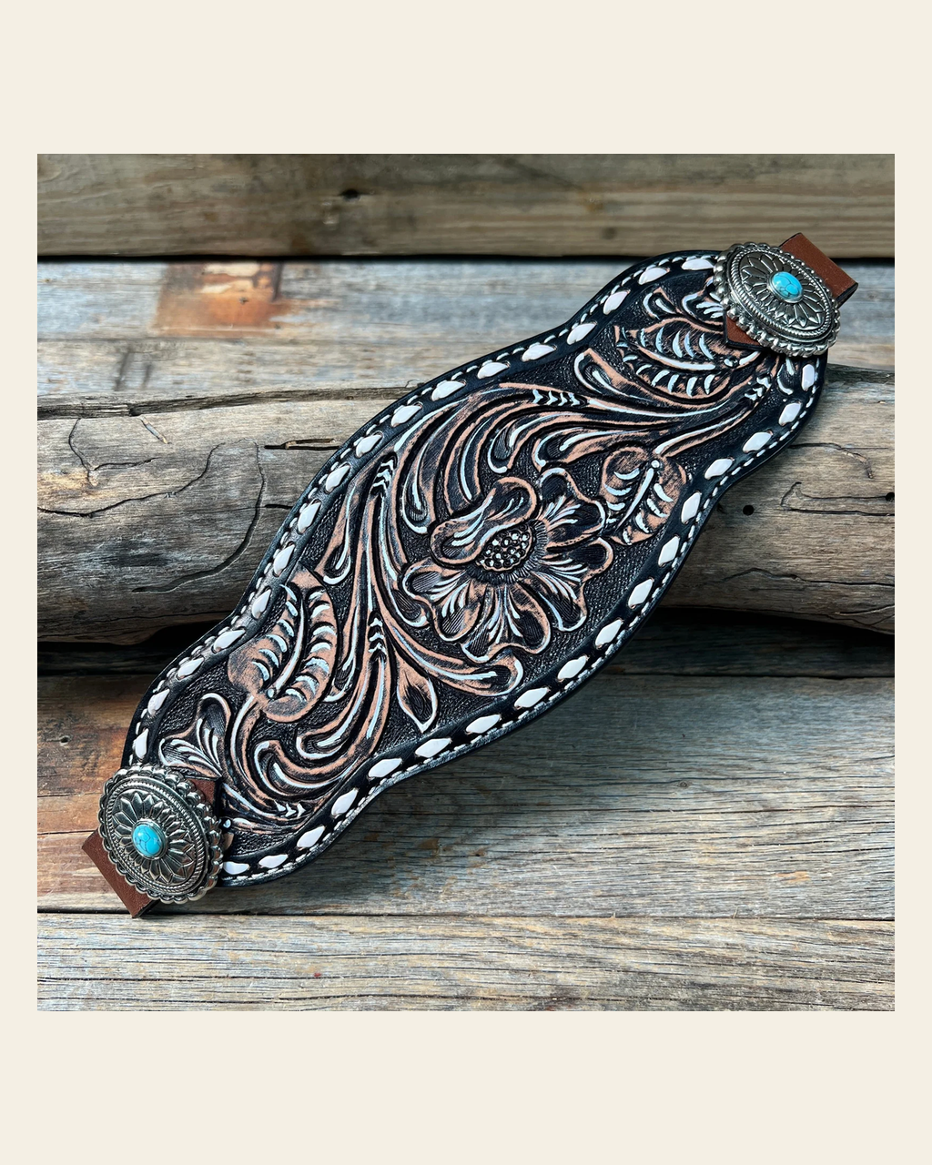 Dark Oil Buckstitch Bronc Noseband With Oval Turquoise Conchos on a warm cream background