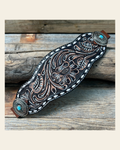 Dark Oil Buckstitch Bronc Noseband With Oval Turquoise Conchos on a warm cream background
