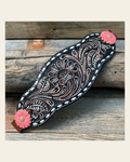 Dark Oil Buckstitch Bronc Noseband With Pink Flowers Conchos on a warm cream background