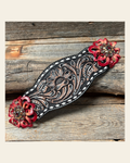 Dark Oil Buckstitch Bronc Noseband with Red Flowers and Crystal Conchos #BN100 on a warm cream background