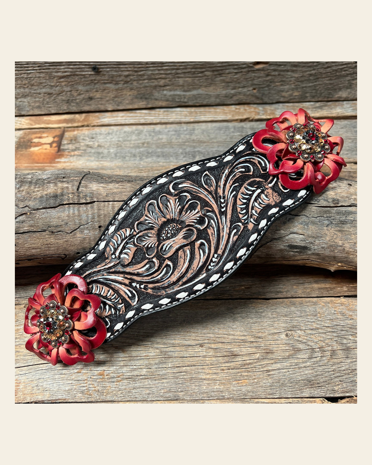 Dark Oil Buckstitch Bronc Noseband with Red Flowers and Crystal Conchos #BN100 on a warm cream background