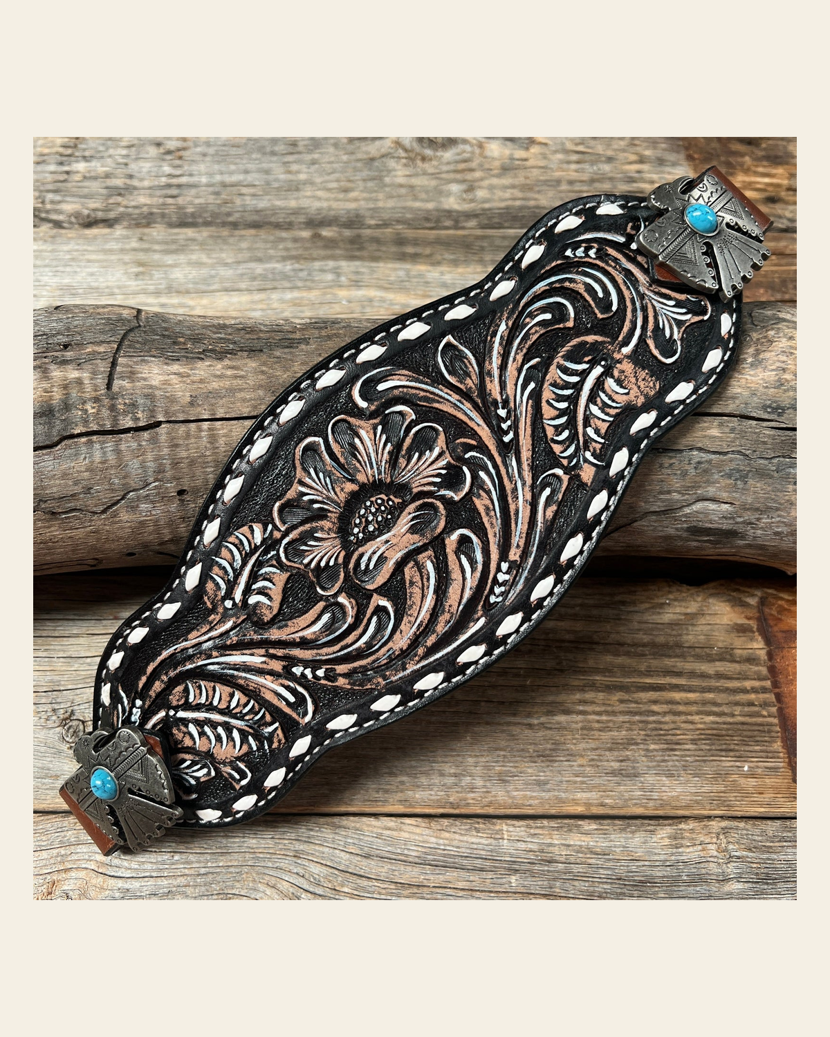Dark Oil Buckstitch Bronc Noseband With Turquoise Conchos on a warm cream background