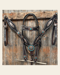 Dark Oil Buckstitch Copper and Turquoise Browband / One Ear / Breastcollar Buckstitch Tack Set #BBBC400 on a warm cream background