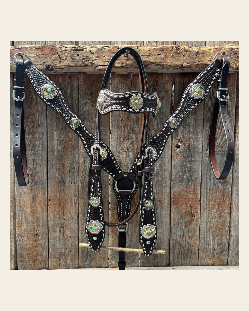 Dark Oil Buckstitch Gold Cross Browband/One Ear and Breastcollar Tack Set #BBBC401 on a warm cream background
