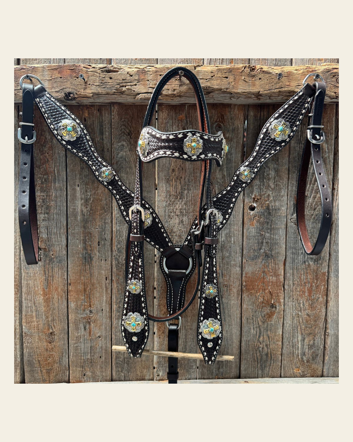 Dark Oil Buckstitch Gold Cross Browband/One Ear and Breastcollar Tack Set #BBBC401 on a warm cream background